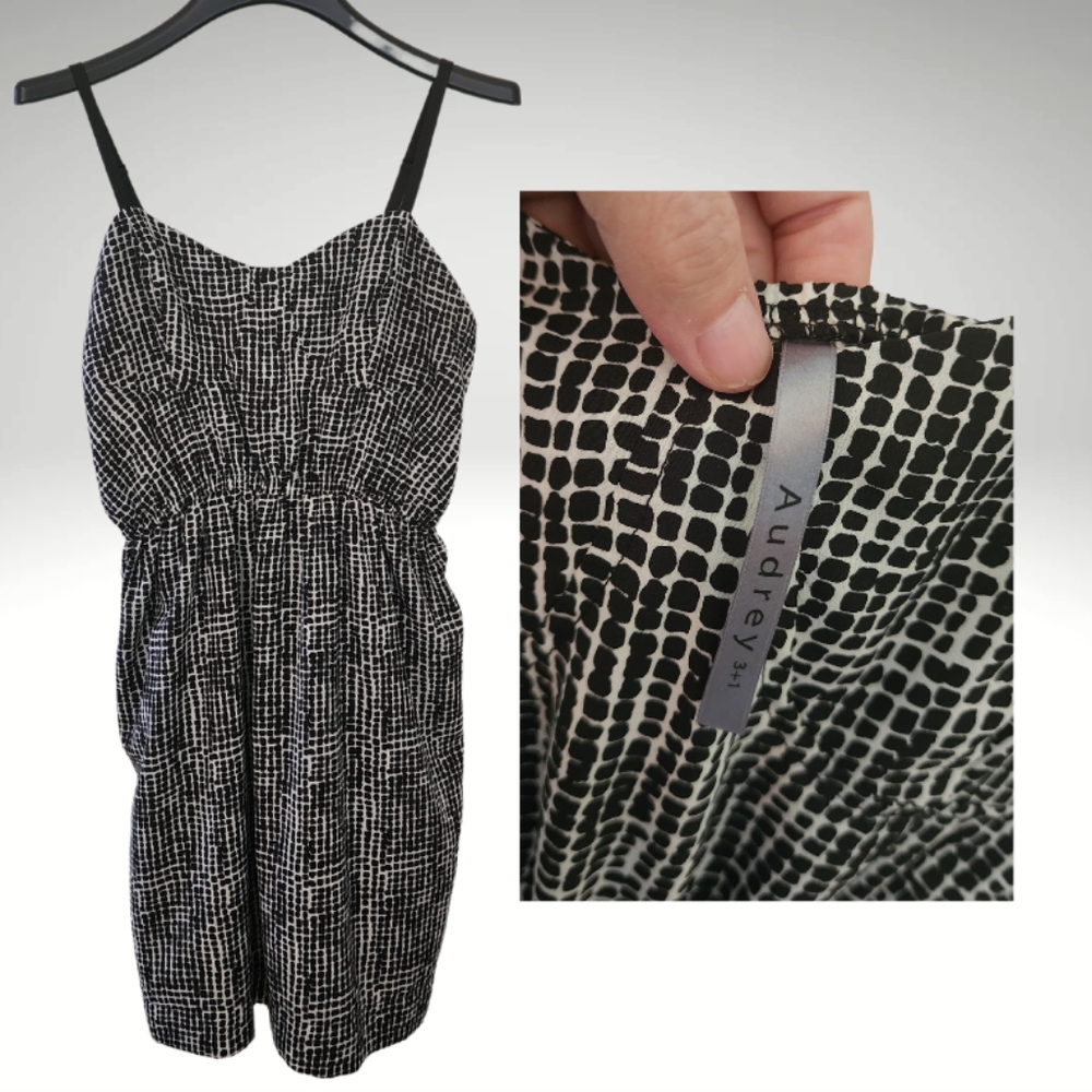 Audrey 3+1 lightweight spaghetti strap dress, black square dot pattern, SZ M